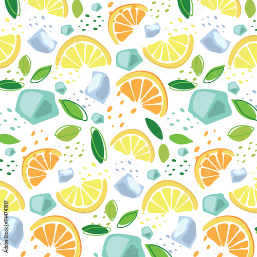 Abstract pattern with green mint, lemons, orange and ice cube in flat style. Fresh Seamless pattern. Vector background. Summer time print. Lemonade wallpaper.