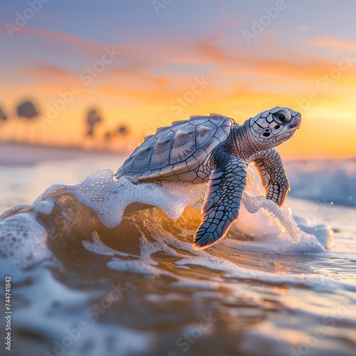 Baby Sea Turtle Overcoming Waves at Golden Sunrise