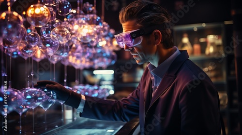 man wearing augmented reality glasses touches virtual objects. Concept: immersion in an interactive digital world. future learning and gamification. © Neuro architect