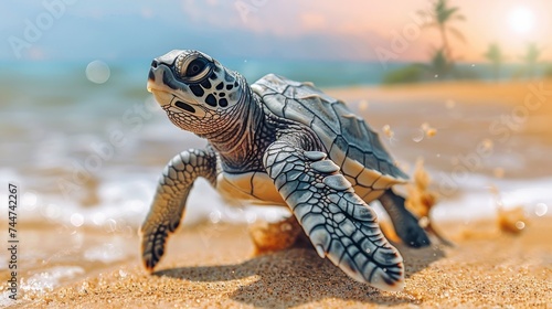 Close-up of Sea Turtle Hatchling on Sand with Ocean in Background