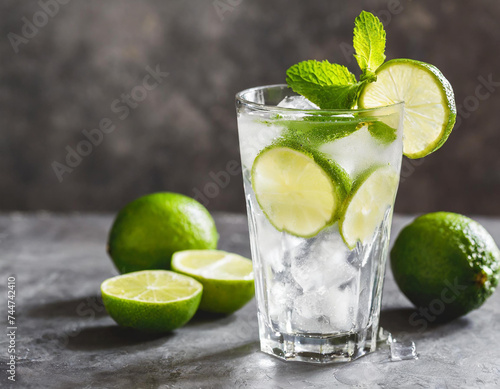 Glass of gin and tonic with mint, lime wedges and ice on a grey background