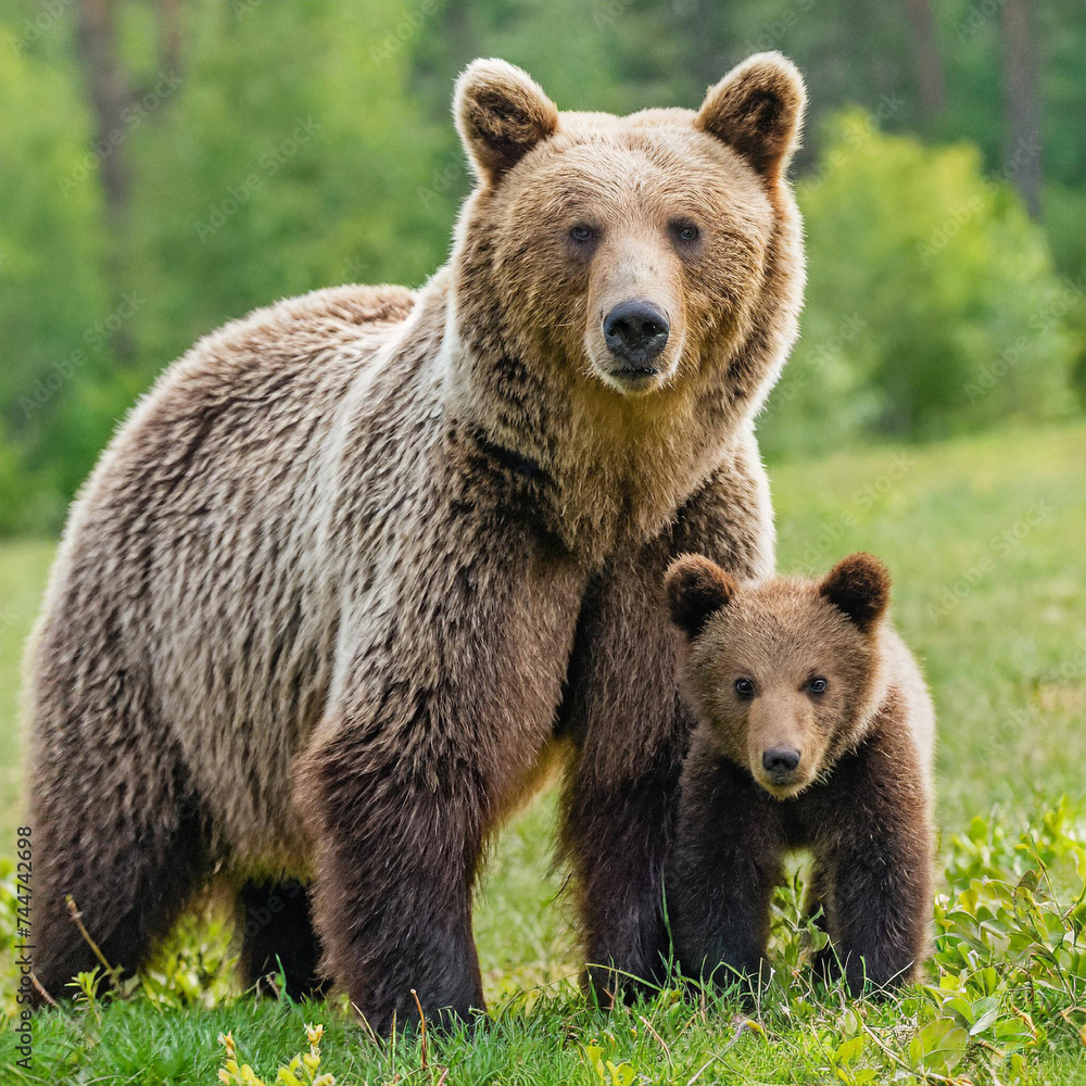 Protective female brown bear, ursus arctos, standing close to her two cubs. An adorable young mammals with fluffy coat united with mother in the middle of grass meadow