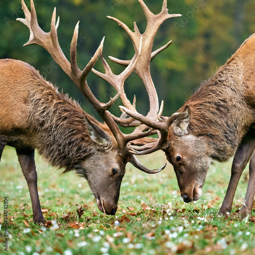 Two red deer, cervus elaphus, stags fighting against each other using antlers and pushing hard. Fierce wild mammals protecting territory in autumnal rutting season. Aggressive animals in conflict