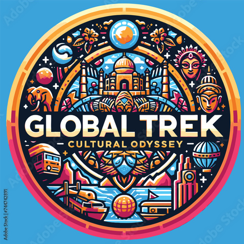 Vector illustration of a globe with famous places in the world. Globe tourism round sticker.
