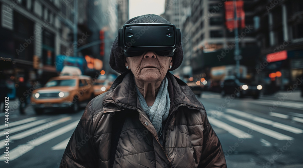 an elderly woman in a jacket and hat walks across the street in a urban area wearing virtual reality glasses an elderly woman in a jacket and hat walks across the street in a urban area wearing virtual reality glasses