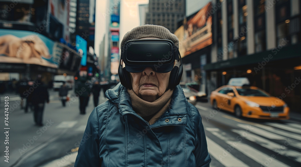 an elderly woman in a jacket and hat walks across the street in a urban area wearing virtual reality glasses an elderly woman in a jacket and hat walks across the street in a urban area wearing virtual reality glasses