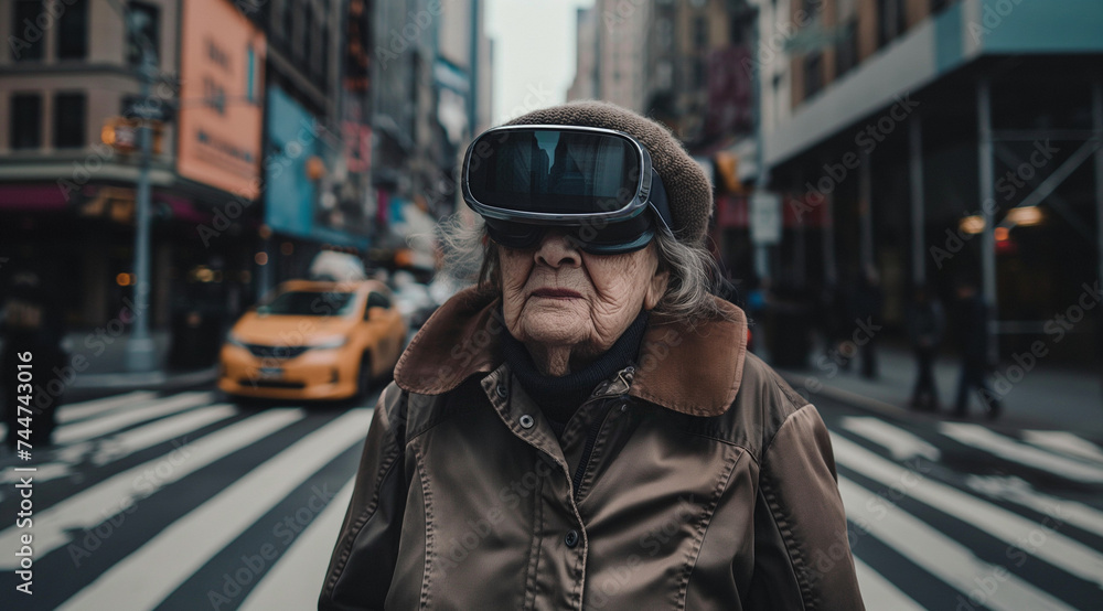 an elderly woman in a jacket and hat walks across the street in a urban area wearing virtual reality glasses an elderly woman in a jacket and hat walks across the street in a urban area wearing virtual reality glasses