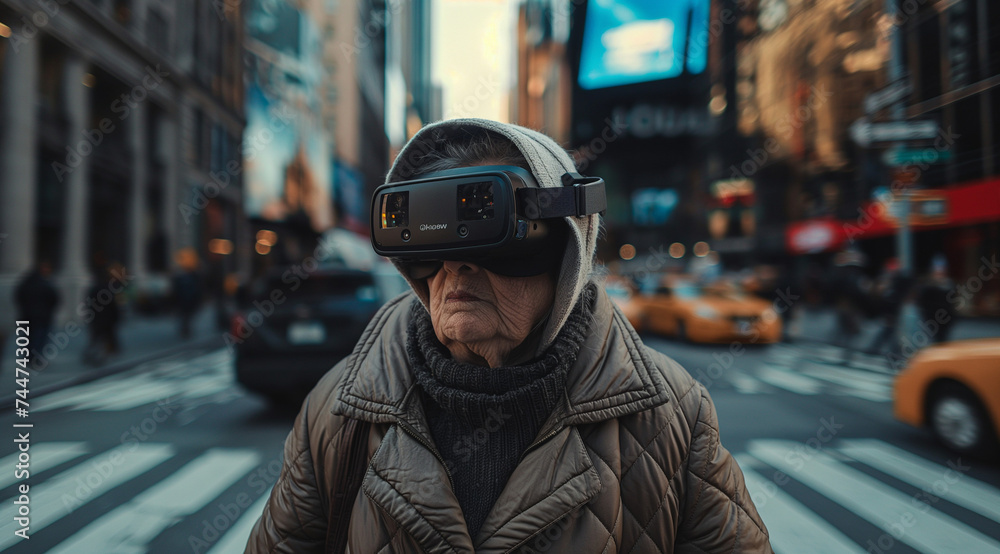 an elderly woman in a jacket and hat walks across the street in a urban area wearing virtual reality glasses - obrazy, fototapety, plakaty 