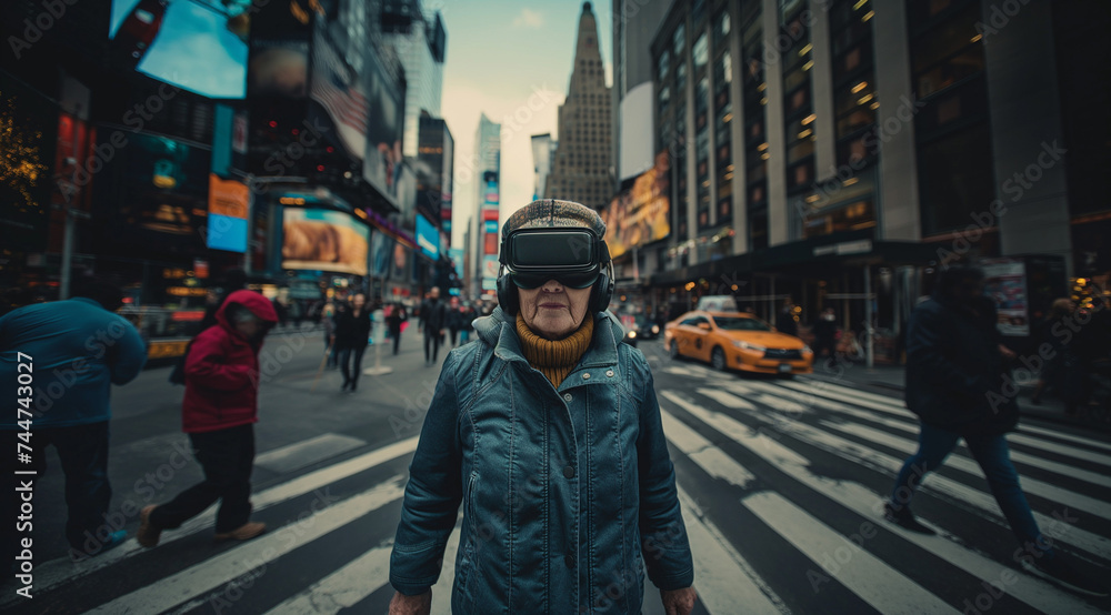 an elderly woman in a jacket and hat walks across the street in a urban area wearing virtual reality glasses - obrazy, fototapety, plakaty 