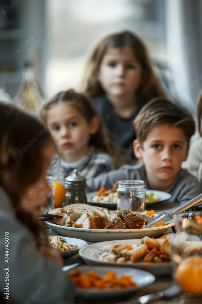 Curly-haired child peering at camera during a meal, plates of food in focus, family gathered Curly-haired child peering at camera during a meal, plates of food in focus, family gathered