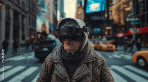 an elderly woman in a jacket and hat walks across the street in a urban area wearing virtual reality glasses