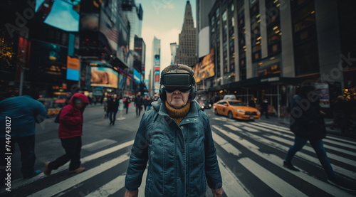 an elderly woman in a jacket and hat walks across the street in a urban area wearing virtual reality glasses © Daria