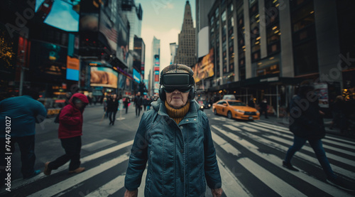 an elderly woman in a jacket and hat walks across the street in a urban area wearing virtual reality glasses