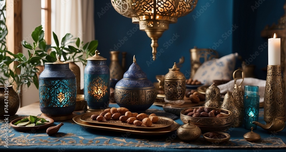 Craft a visually stunning image showcasing the dining area with ultra-realistic Ramadan home decor, focusing on the arrangement of iftar essentials like dates, candles-Ai Generative