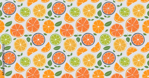 Citrus seamless simple pattern with leaves. Lemon, tangerine, orange, lime. Natural fruits, vitamins. For design concepts. Vector.