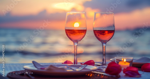 Summer love. Romantic sunset dinner on the beach. Table honeymoon set for two with luxurious food, glasses of rose wine drinks in a restaurant with sea view. Happy valentines day