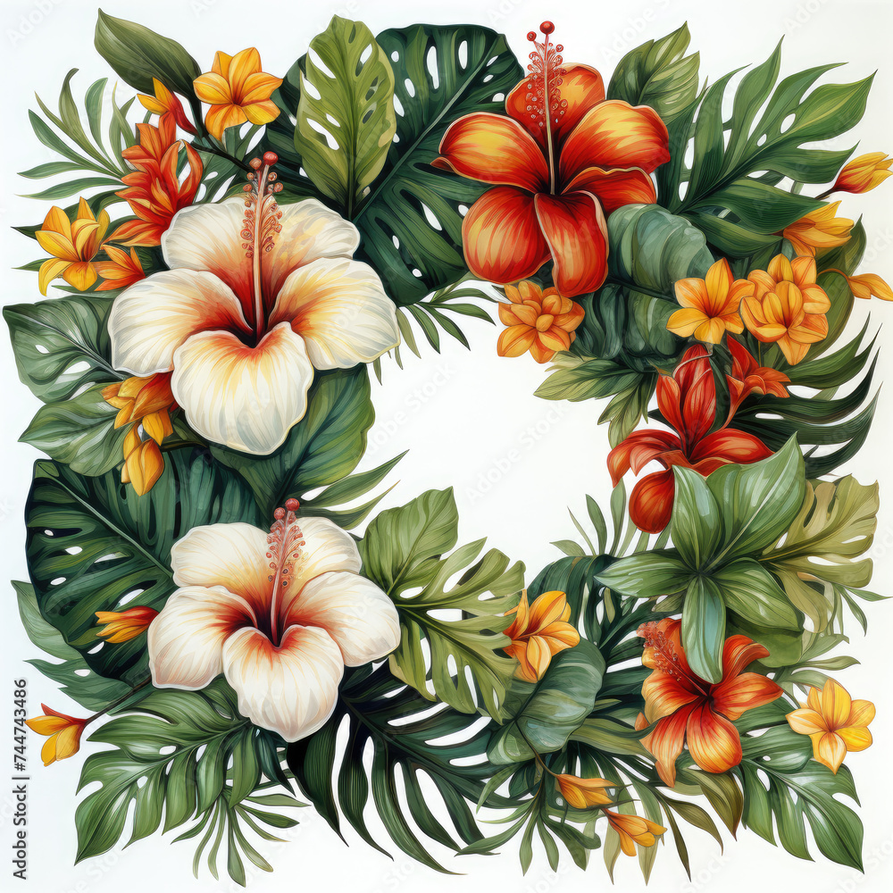 watercolor painting of a tropical frame with flower clipart, Generative Ai watercolor painting of a tropical frame with flower clipart, Generative Ai