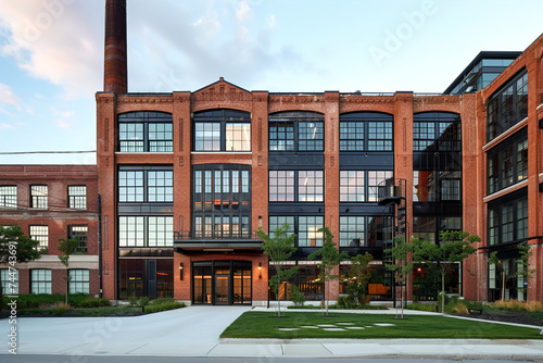 Repurpose old factories into trendy lofts, blending vintage charm with contemporary design, showcasing the revitalization of urban spaces. photo