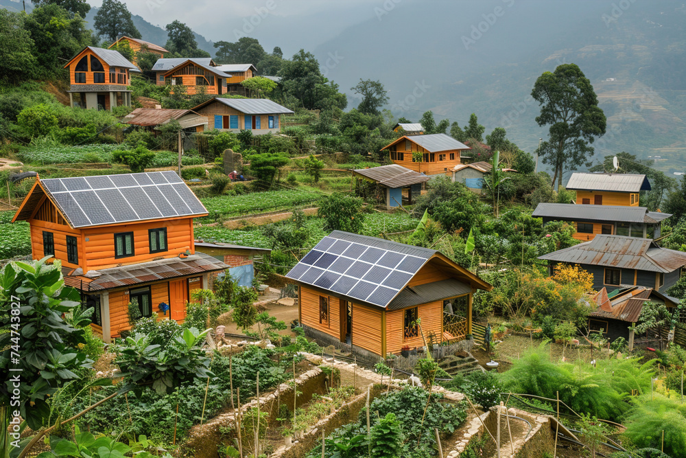 Ð•co-friendly infrastructure for remote villages, envisioning solar-powered homes and communal gardens, fostering self-sufficiency and environmental stewardship.