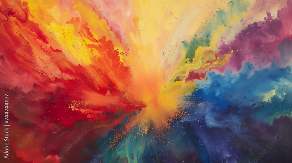 Explosion of colored powder in a dynamic display of rainbow colors, adding vibrancy and energy to the composition.