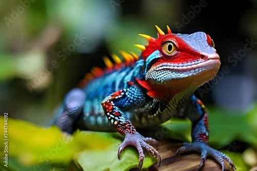 A colorful blue and red lizard is standing on a green leaf  looking towards the camera. The lizard has yellow spots on its body  making it visually striking. Its head is turned to the side  showing of