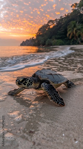 Hatchling Sea Turtle Crawling towards the Sea at Sunrise, an Inspiring Image for Environmental Preservation and Education