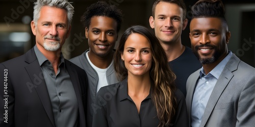 A diverse and modern group of business professionals gather for a portrait. Concept Corporate Photoshoot, Business Attire, Diverse Team, Modern Setting, Professional Group