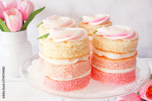 Spring mini cakes with butter cream rose. Table scene with a white wood background. Pink layers with flower topping.