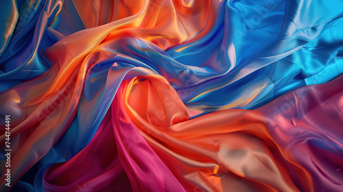 A dynamic and flowing composition in satin fabric, with vibrant shades of orange, pink, gob and blue, creating a feeling of luxury and movement. Multi-colored background. photo