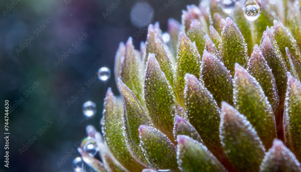 A microscopic closeup of an anemone bud with water droplets