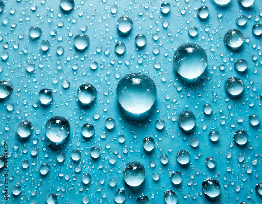 A top view closeup of multiple water drops on a light blue background