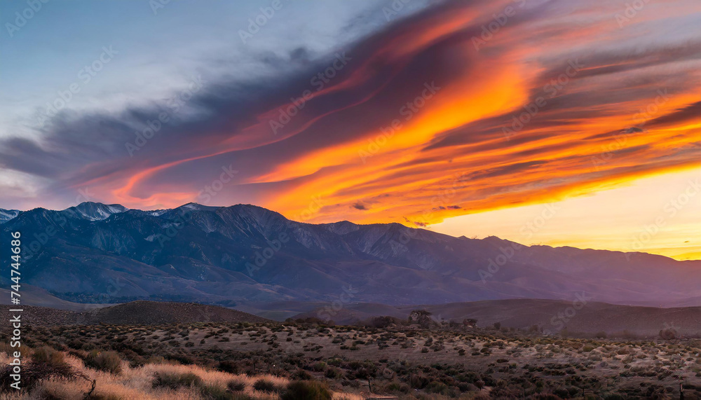 Beautiful Sierra Wave of California sunset with orange lenticular clouds burning in the sky - obrazy, fototapety, plakaty 