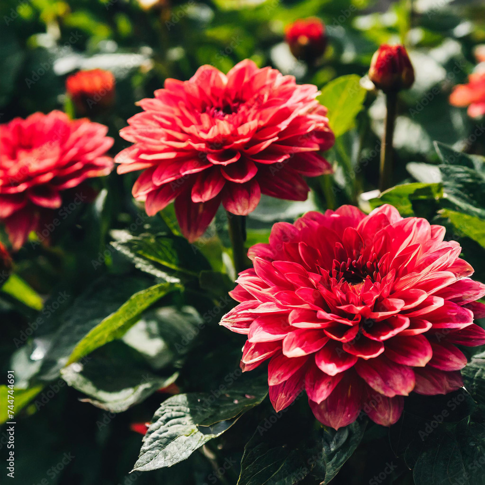 Beautiful view of red flowers and leaves growing in the dark garden Beautiful view of red flowers and leaves growing in the dark garden