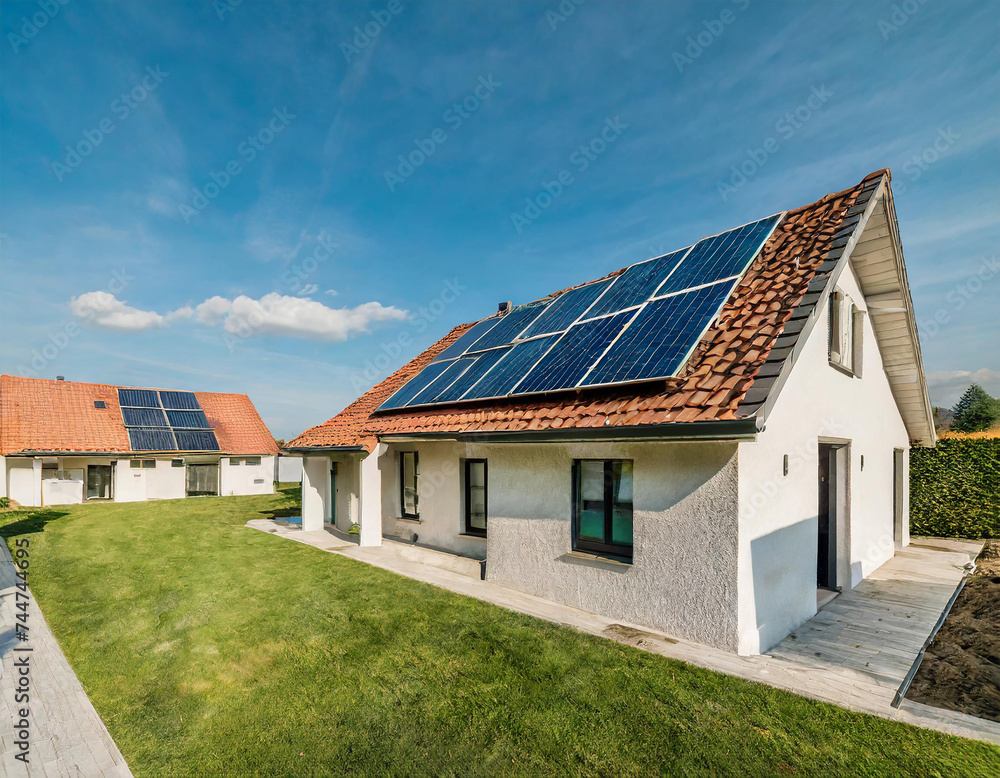 Beautiful new homes with solar panels on the roof