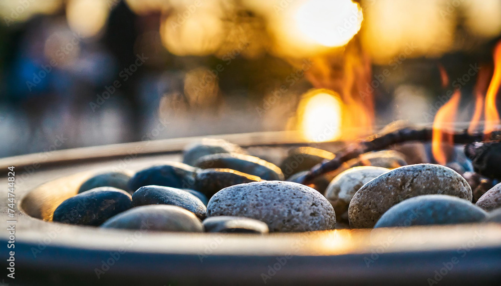 Closeup of pebbles in a fire pit at an outdoor cafe during the sunset - obrazy, fototapety, plakaty 
