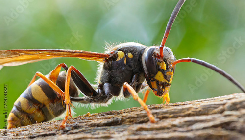 Closeup on a worker Asian long legged predatory hornet, Vespa velutina sitting on a piece of wood © Willard