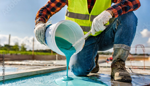 Closeup shot of a construction worker pouring out epoxy resin from a bucket onto a floor