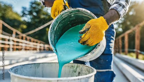 Closeup shot of a construction worker pouring out epoxy resin from a bucket onto a floor