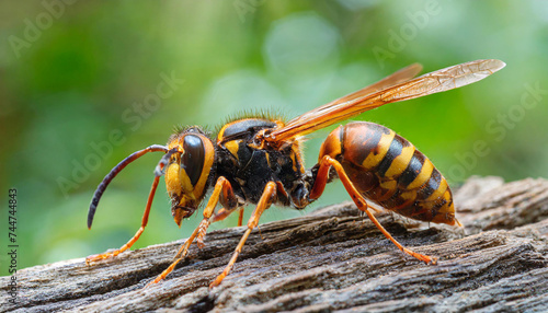 Closeup on a worker Asian long legged predatory hornet, Vespa velutina sitting on a piece of wood © Willard