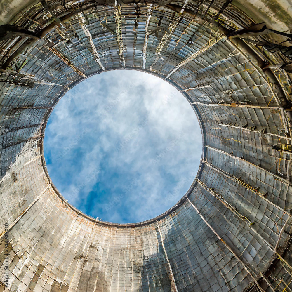 Inside a cooling tower of a nuclear power plant. View upwards, sky with ...