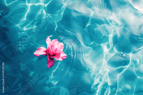 Pink flower floating in blue water. Concept of spa, resort, wellness and summer. Copy space