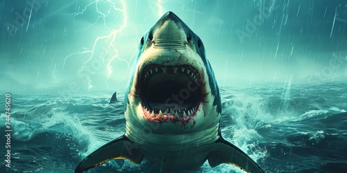 Fierce Shark Emerging from Stormy Waters with Lightning in the Background