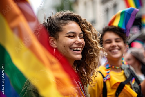 women during LGBTQ+ parade with rainbow flags