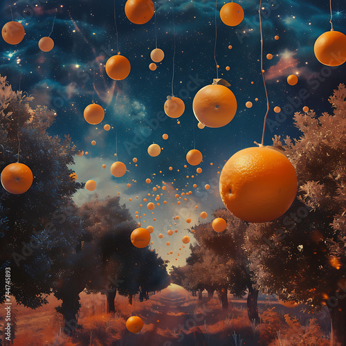  Floating ripe oranges in a dreamy  surreal orange orchard under a cosmic sky. 
