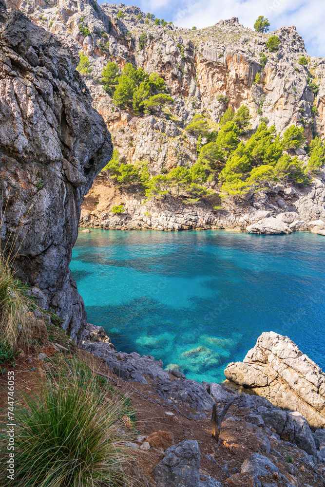 Fototapeta premium .Coast, beach, scenic mountain view, turquoise sea water, Sa Calobra, Mallorca island, Balearic Islands