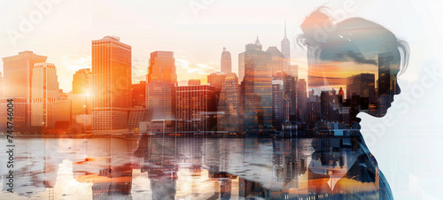 A girl in the background of the city, double exposure, generative AI