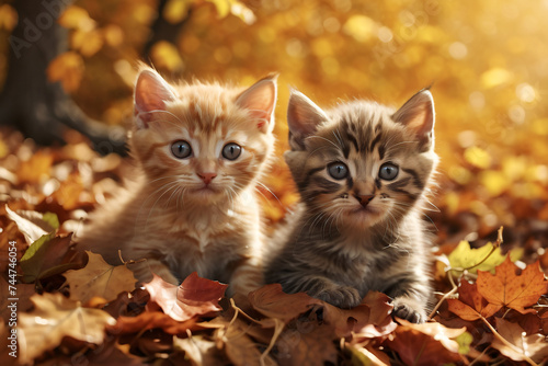 Two domestic cats sitting in colorful autumn decoration with leaves