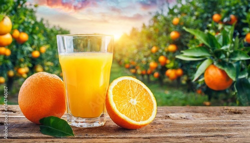 orange juice on orange garden backgound in sunrise photo