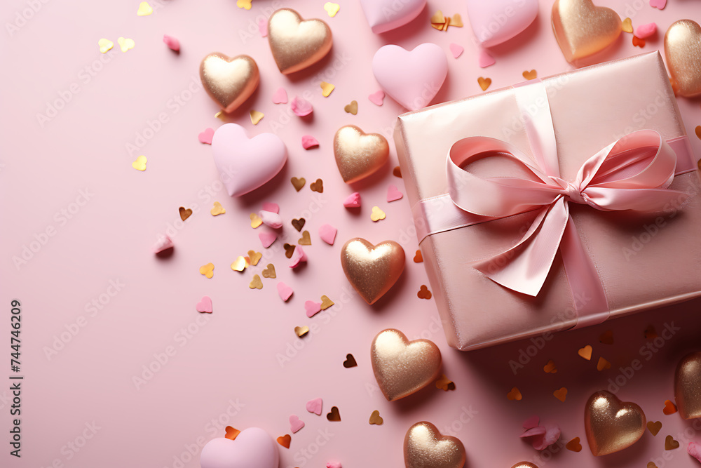 Layout for the holiday of Valentine's Day, gift, confetti and hearts, on a pink background with copy space Layout for the holiday of Valentine's Day, gift, confetti and hearts, on a pink background with copy space