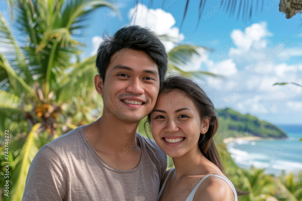 Fototapeta premium Happy of couple in vacation time showing lovely moment, young couple enjoying moment of holiday.